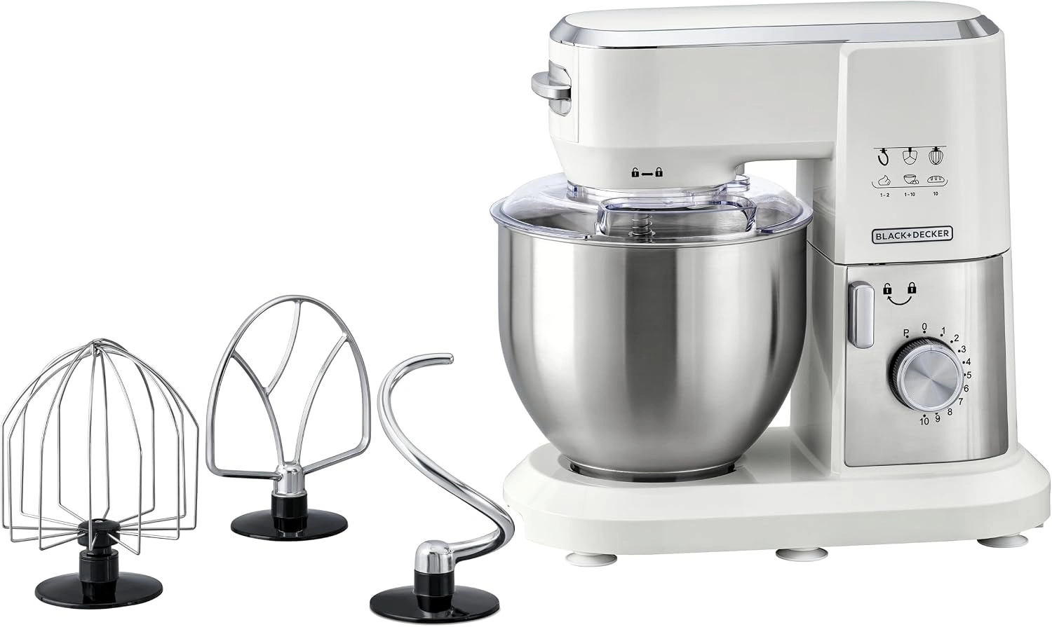 عجان بلاك أند ديكر الكهربائي سعة 6 لترات وقوة 1000 واط (Black & Decker Kitchen Machine Stand Mixer MKM100-B5) — وعاء من الفولاذ المقاوم للصدأ و10 سرعات مع ملحقات المخبوزات