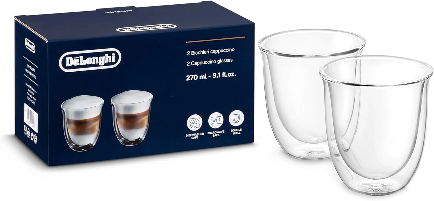 طقم أكواب كابتشينو ديلونجي زجاج حراري دبل وول (De'Longhi DLSC311 / 5513214601)
